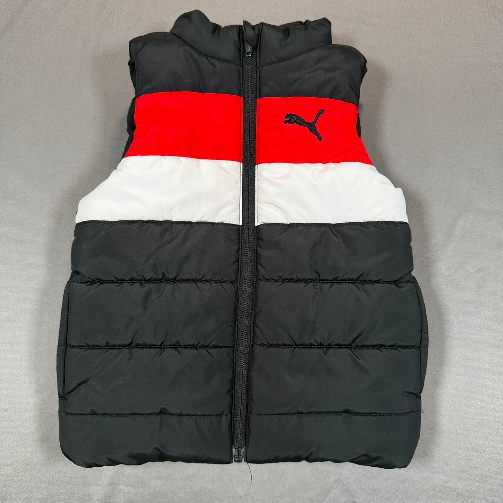 Puma Kids Puffer Vest Black Red White Colorblock Zip Sleeveless 1333175 XXS 3/4